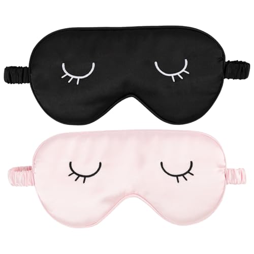 2 antifaces para dormir de algodón y satén, máscara ocular con banda ajustable para mujeres y hombres, rosa y negro, para usar en casa o de viaje
