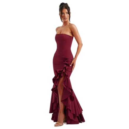 Image of Women's Sexy Strapless Backless High Split Long Maxi Dress Ruched Off Shoulder Sleeveless Bodycon Party Cocktail Dresses