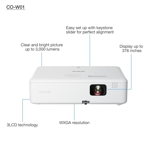 Epson CO-W01 Video projecteur WXGA, HD Ready 16:10, Technologie 3LCD, 3000 Lumens, Connexion USB/HDMI, Correction Horizontale Verticale du trapèze, Haut-Parleur intégré, Projection jusqu'à 378”