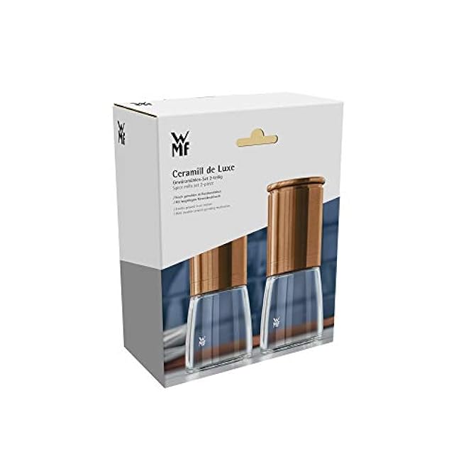WMF De Luxe Pepper Mill Set 2-Piece Filled 14 cm Diameter 6 cm Cromargan Stainless Steel Glass Ceramic Grinder Mill for Salt / Pepper / Chilli Pepper / Copper / Ceramic Grinder