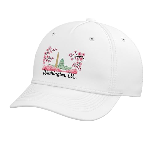 Washington DC Cherry Blossoms Souvenir Novelty Adjustable Printed Baseball Hat, White