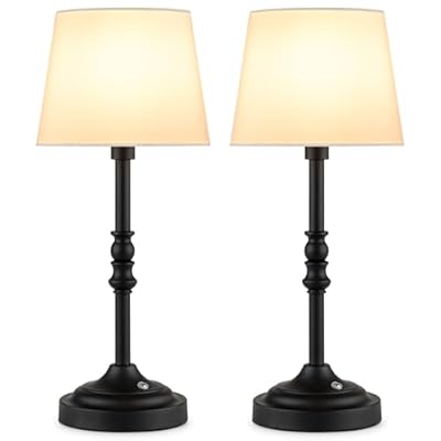 GGOYING Rechargeable Cordless LED Table Lamps Set of 2, Dimmable Desk Lamps with 4 Brightness Levels, Portable White Fabric Shades for Nightstands, Dining Tables, and Patios (Black)