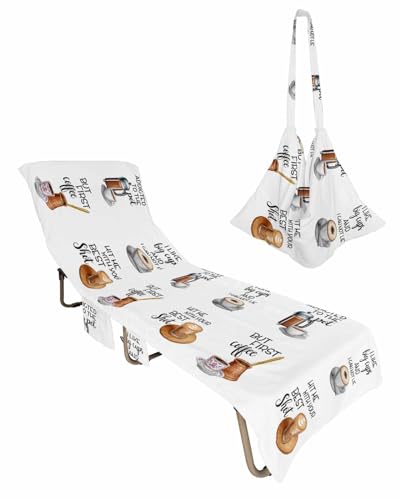 Coffee Theme Beach Chair Towel Covers for Chaise Lounge with Side Pocket, Soft Plush Pool Towels Cover for Patio Sunbathing Outdoor Vintage Brown Coffee Cake Dessert 29''x85''