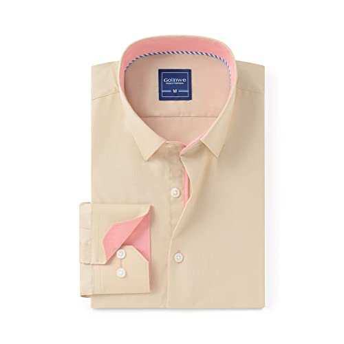 Gollnwe Men's Long Sleeve Slim Fit Casual Shirts Contrast Collar And Convertible Cuffs Dress Shirt Beige Xxl #TOP1
