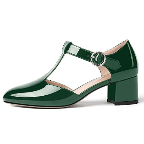 SHOWFOREST Women's Evening T Strap Patent Round Toe Chunky Low Heel Pumps Office Work Dress Shoes 2 Inch2