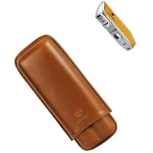 Brown Leather 2 Ct Adjustable Cigar Case Travel Holder + Lighter Punch Two in One