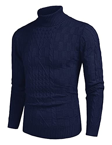 COOFANDY Men's Slim Fit Turtleneck Sweater Casual Cable Knit Pullover Sweaters Navy Blue2