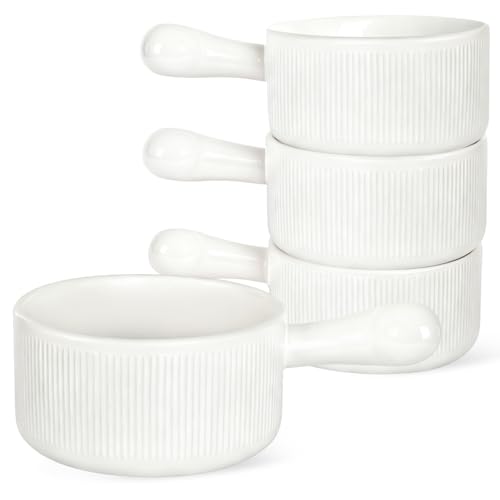 Vumdua French Onion Soup Bowls, 16 oz Ceramic Soup Bowls with Handles, Soup Crocks Oven Safe for Chili, Stew, Cereal, Microwave Dishwasher Safe, Set of 4, Wax White