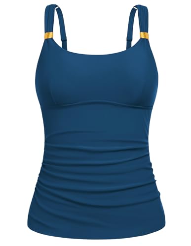 Tankini Tops with Built in Bras U Neck Retro Swimsuit Top for Women Slim Fitting Swim Tops Dark Blue
