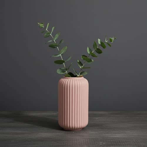 Image of PUREZENTO Pink Ribbed Texture Ceramic Vase - 6 Inch | Vases for Centerpiece Home Decor, Living Room & Bedroom | Vase for Pampas Grass, Dried & Artificial Flowers