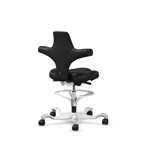 Image of HAG Capisco Sit to Stand Chair-White Frame-Upholstered Black Onyx Vinyl-with Foot Ring