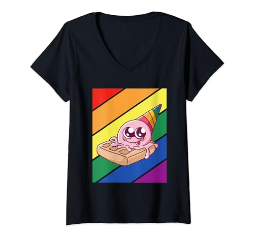 Femme drapeau lgbtq gay pride mois arc-en-ciel crème glacée avec gaufres t-shirt avec col en v
