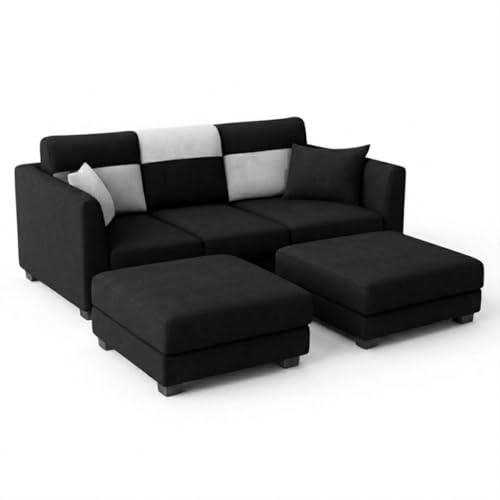 Image of SOCOZI Evanto 5 Seater L Shape Sofa Set with 2 Movable Ottomans | Flexible Layout| Soft Velvet Suede Fabric|Modern Sofa | Plush Comfort Cushions for Living Room (Light Grey-Black)