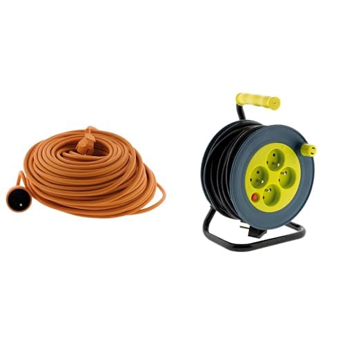 Zenitech - Coffret Prolongateur Jardin 16A HO5VV-F 3G1,5 mm2 2P+T 45M Orange + Enrouleur Ménager 4 x 2P+T 15M 3G1 mm2 - Jaune - pour Travaux Extérieur et Intérieur