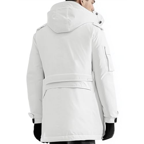Mens Parka Classic Thigh Length Nylon Front Pockets Minimalist White Zipper Removable Hood Winter Coat Warm Parka Jackets(White Parkas, Medium)2