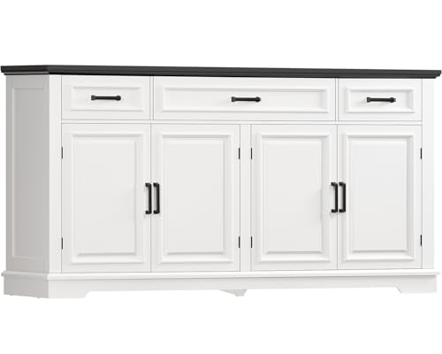 Image of usikey 59” Large Buffet Cabinet with 4 Doors and 3 Drawers, Buffet Sideboard Cabinet with Storage and 2 Adjustable Shelves, Coffee Bar, Wine Bar for Living Room, White