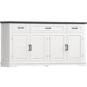 usikey 59” Large Buffet Cabinet with 4 Doors and 3 Drawers, Buffet Sideboard Cabinet with Storage and 2 Adjustable Shelves, Coffee Bar, Wine Bar for Living Room, White