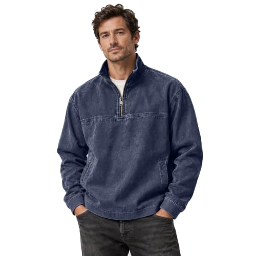Denim Shirt Men Washed Retro Quarter Zip Pullover Top with Pockets - image 1