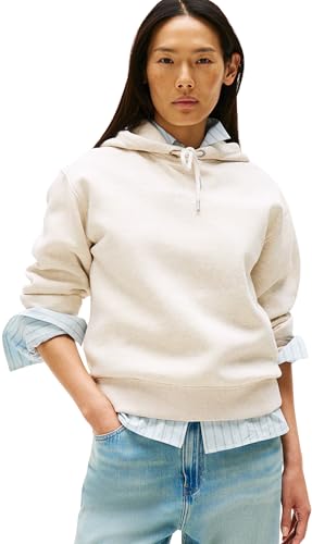 Tommy Hilfiger Donna Felpa con Cappuccio con Logo, Avorio (Heather Oatmilk), S