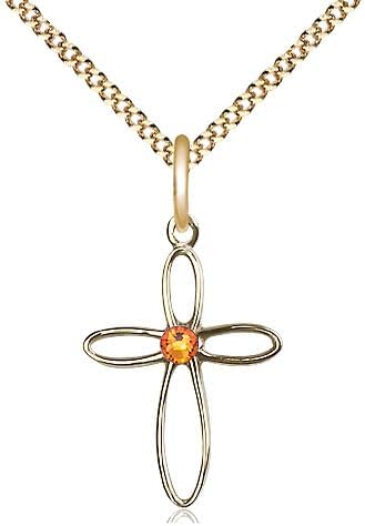 14kt Gold Filled Loop Cross Pendant with a 3mm Faux Topaz Austrian Crystal stone on a 18 inch Gold Plate Light Curb Chain.