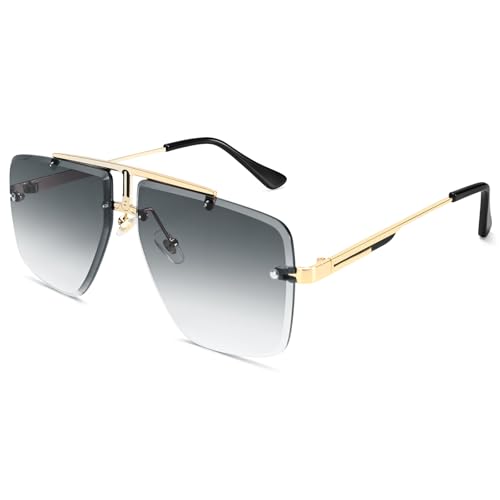 Rimless Oversized Square Sunglasses for Men Trendy Fashion Big Shades Tinted Lens Gold Metal Frameless Glasses UV400 Gray