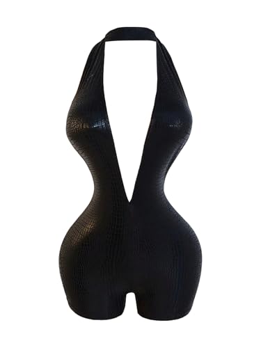 Milumia Women's Faux Leather Halter V Neck Romper Open Back Bodycon Jumpsuit Shorts Rave Outfits Black Medium
