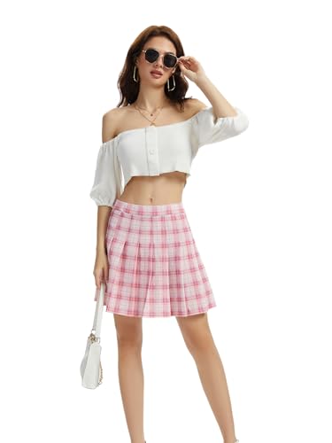 Image of Shestellar Stretchy Short Pleated Skirts for Women Cheerleader Uniform High Waist A-line Mini Skirt Pink Plaid M