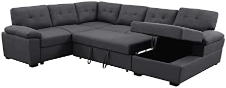 Alexent 5-Seat Modern Fabric Sleeper Sectional Sofa Bed with Pull-Out Bed with Storage Chaise Lounge in Dark Gray Color for Space Saving on Apartment, Living Room, Home Office, Guest Room
