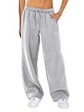 VILAGRAH Women Y2K Drawstring Sweatpants Low Rise Wide Leg Ankle Slit Fold Over Pants Comfy Jogger Trousers with Pocket（Gray，Small）
