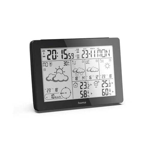 Foto von Hama Profi Wetterstation (Wettervorhersage mit Daten von professionellen Meteorologen, Funk Wetterstation mit Außensensor, Temperatur, Luftfeuchtigkeit, Windgeschwindigkeit, innen und außen) schwarz