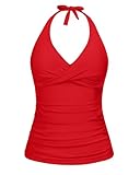 Tempt Me Women's Red Tankini Top Halter Tummy Control Swim Tops Only Twist Front V Neck Bathing Suit No Bottom S