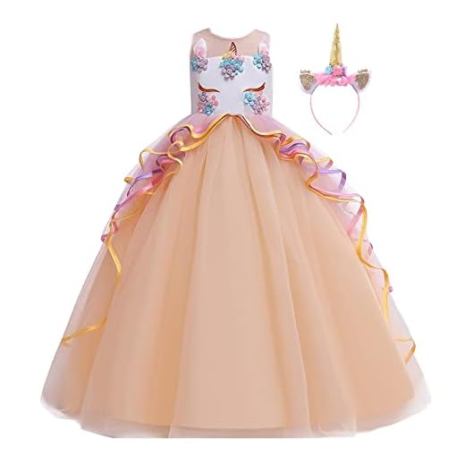 MYRISAM Princesse Fille Licorne Déguisement Robe de Anniversaire Cérémonie Soirée Halloween Carnaval Noël Fête Spectacle Mariage Longue en Tulle Robes Bal avec Bandeau Champagne 10-11