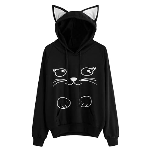Generisch Damen Modischer Casual Winter Loose Printed Cat Hoodie Kapuzenpullover Softie Klamotten (Black, S)