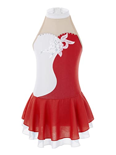 Yuumin Girls Shiny Mock Neck Mesh Spliced Figure Ice Skating Dress Competition Dance Costumes Leotard Ballet Tutu Dress Red Af 6 Years #TOP1
