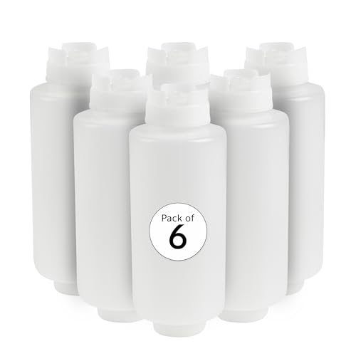 Restaurantware First In First Out 32 oz Clear Plastic Squeeze Bottle - Inverted, Refill &amp; Dispensing Lid - 3 1/2" x 3 1/2" x 9" - 6 count box
