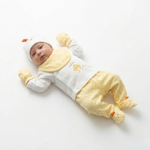 Hastane Çıkışı Bebek Seti, Civciv Desenli, Sarı Beyaz, 5 Parça, Unisex - Görsel 2