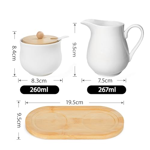 CAIEJSAEN Milch und Zucker Set mit Deckel und Löffel, Milchkännchen Porzellan und Zuckerdose mit Holz Tablett, Mikrowellen- und Spülmaschinenfest,Weiß
