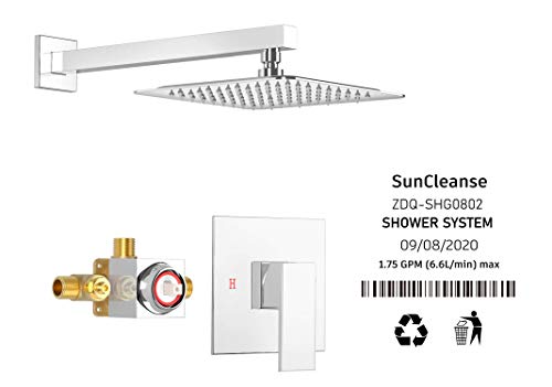 Suncleanse Shower Faucet Set With Valve, Bathroom Shower System Included Square Stainless Steel Metal Rainfall Shower Head And Extra Long Shower Arm, Polished Chrome #TOP7