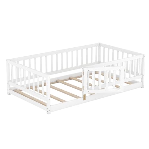 Image of Bellemave Twin Size Montessori Floor Bed with Door & Slats, Solid Wood Kids Floor Bed Frame with High Safety Fence, Low Profile Bed for Boys & Girls, White