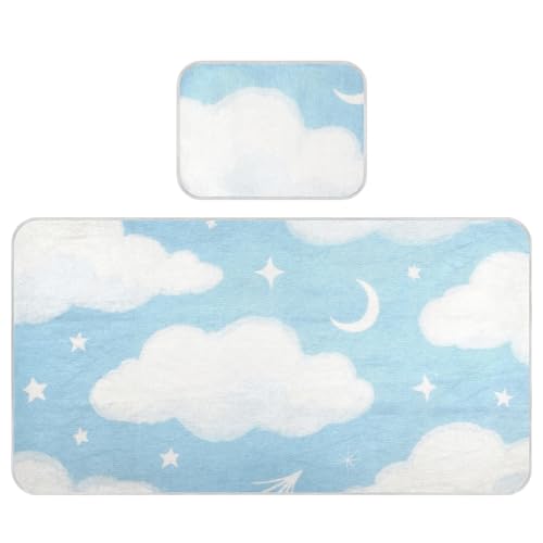 Blue and White Moon Clouds Cooling Baby Mattress Cover 28" x 52" Washable Crib Padding for Sides for Baby&Toddler