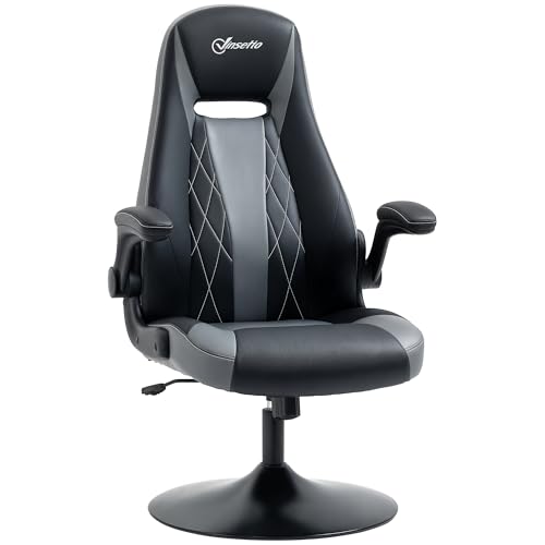 Sedia da gaming ergonomica con base rotonda in metallo girevole a 360°, altezza regolabile poggiatesta braccioli sollevabili in PVC grigio nero