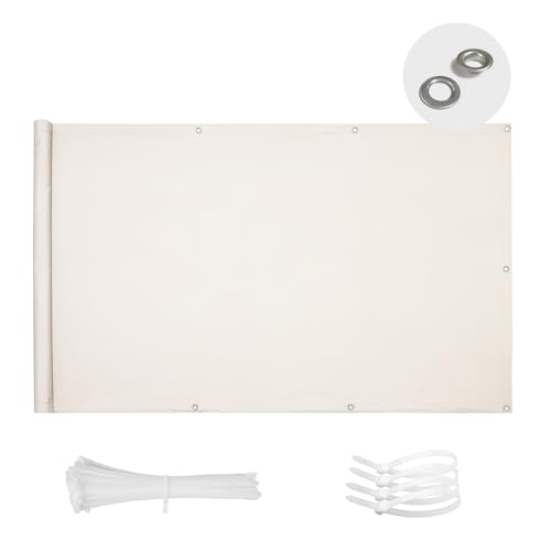 SUN BLOCK Brise Vue Balcon 100x600cm Imperméable Cache Vue Balcon Protection UV Opaque Résistant aux Contre Vent avec Trous et Serre Câbles pour Exterieur Terrasse-Crème