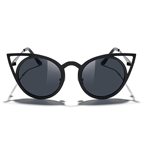 MERRY'S Cat Eye Sunglasses Round Metal Cut-Out Flash Mirror Lens Metal Frame Sun glasses S8064 (Black, 50)