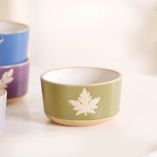 Image of Nestasia Ceramic Snack Bowl Set of 4 (180ml Each) - Dishwasher & Microwave Safe Bowls for Serving Soup, Rice, Dal, & Salad | Monsoon Leaf Printed Bowls with Matte Finish - Ideal for Gifting