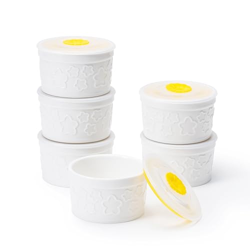 REANRO 10 oz Ramekins with Lid Set of 6 Porcelain Creme Brulee Souffle Bowls White Pudding Cups Ramiken Oven Safe for Baking(White Star)