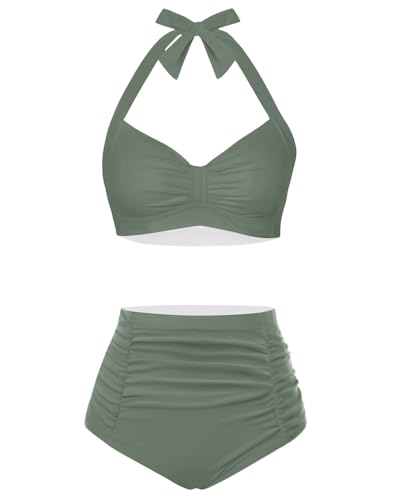 Image of Holipick Women High Waisted Bikini Set Two Piece Swimsuit Tummy Control Bathing Suit Vintage Halter Swimwear