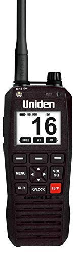 Image of Uniden MHS130, 6-Watt Waterproof Floating Handheld VHF Marine Radio w /NOAA Weather Alerts and FM Radio, IPX8 Submersible, Automatic Backlight Switching - White for Daylight & Amber for Night, Black