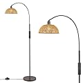 Odeums Rattan Floor Lamp, Retro Boho Arc Standing Lamp with Remote Control and LED Bulb Farmhouse Floor Lamps Floor Light Industrial Tall Lamp for Bedroom, Dinning Room,Office(Oil Rubbed Bronze)