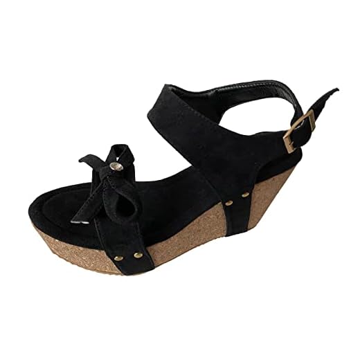Gufesf Ladies Fashion Solid Color Leather Diamond Bow Buckle Waterproof Platform Slope Heel 11w Sandals for Women Wide Width Black