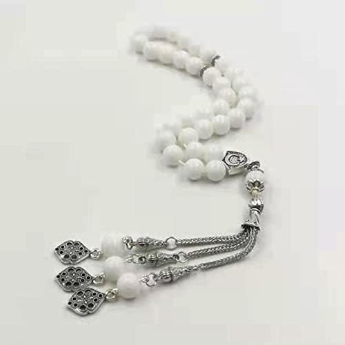 Tasbih White Ceramic Muslim Prayer Beads Misbaha Islamic Accessories Rosary Gift on Hand (10mm x 99 Beads)
